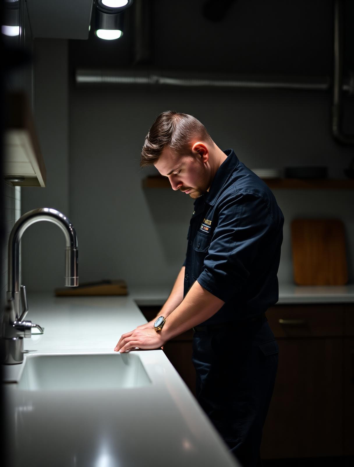 Licensed AS Plus plumber working under a sink in a San Francisco kitchen