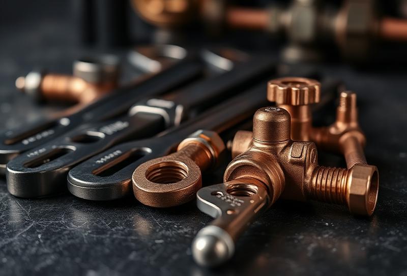 Professional plumbing wrenches and copper fittings on a dark work surface